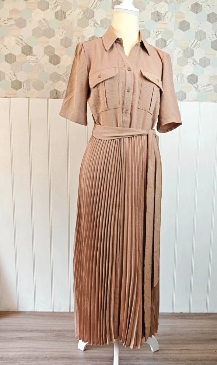 Nina Leonard Utility Shirtdress With Pleated Skirt in Brown colour | Size S