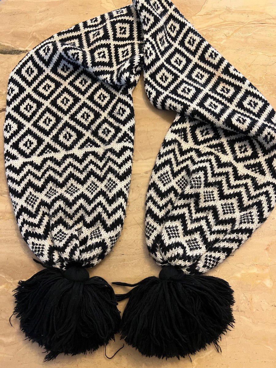 Black and White Knit Scarf with Tassels