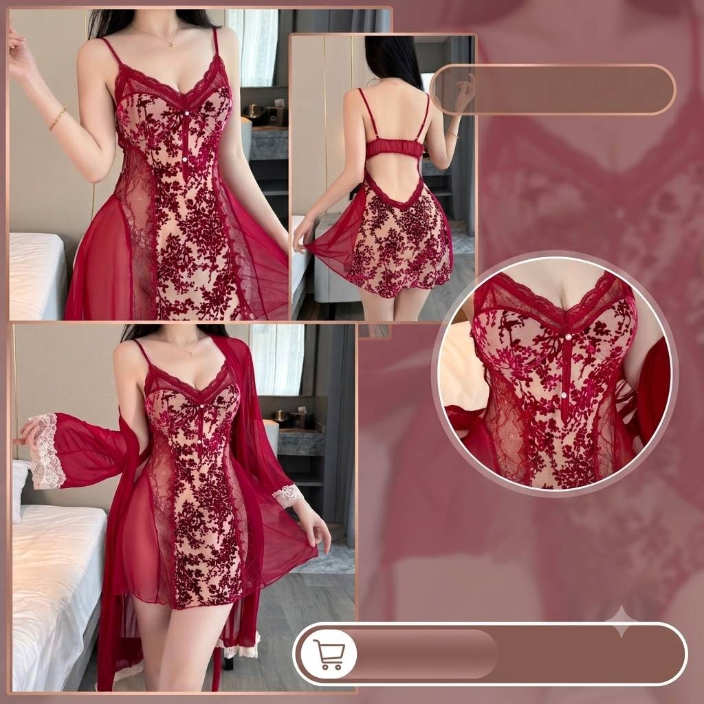 Elegant Crimson Lace & Velvet Floral Nightgown Set with Matching Robe Size M