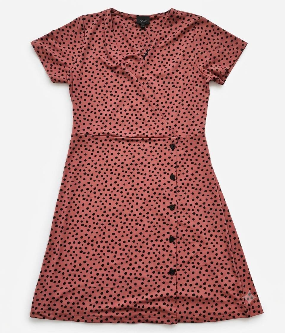 Next Dusty Pink Polka Dot Brunch Dress | Short Sleeve Wrap A Line Dress |