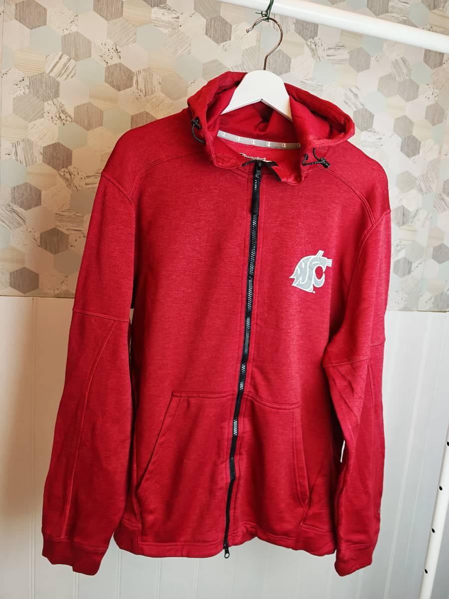 Champion red, full-zip hooded sweatshirt | Size L