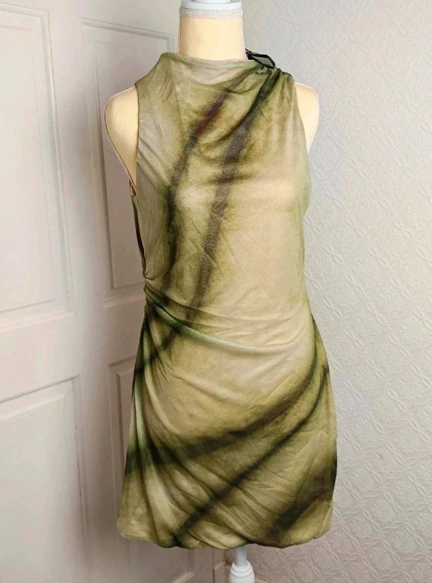 BNWT Boohoo Racerneck Printed Mesh Mini Dress in khaki colour| Size 16